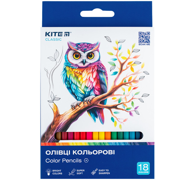 Олівці кольорові м’які Kite Classic, 18 шт, шестигранні