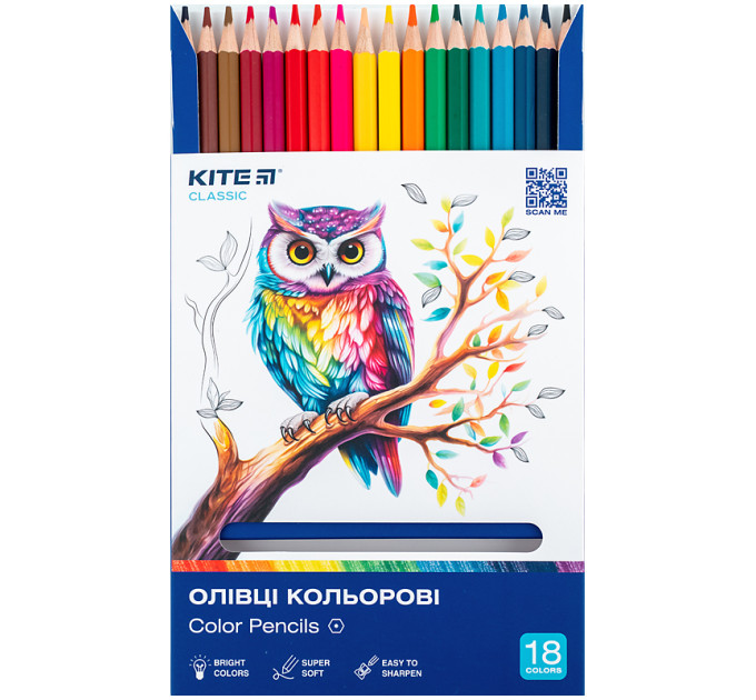 Олівці кольорові м’які Kite Classic, 18 шт, шестигранні