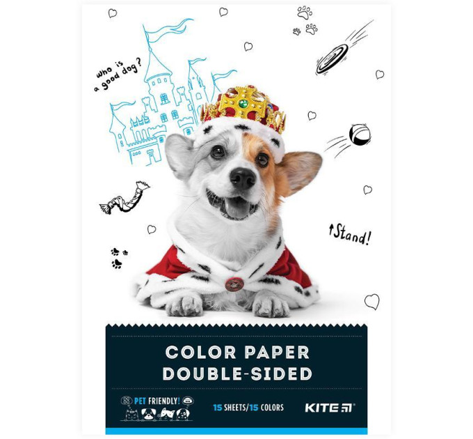 Папір кольоровий А4 Kite Dogs, двосторонній, 15 аркушів, 15 кольорів