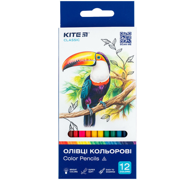 Олівці кольорові м’які Kite Classic, тригранні, 12 шт