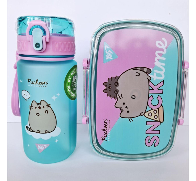 Набор школьный Pusheen 2 в 1: бутылочка для воды 500 мл+ ланчбокс 750 мл, раскраска в комплекте