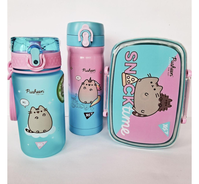 Набор школьный Pusheen 3 в 1: бутылочка для воды 500 мл, + ланчбокс 750 мл + термос 350мл мл