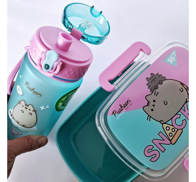 Набор школьный Pusheen 2 в 1: бутылочка для воды 500 мл+ ланчбокс 750 мл, раскраска в комплекте
