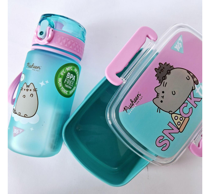 Набор школьный Pusheen 2 в 1: бутылочка для воды 500 мл+ ланчбокс 750 мл, раскраска в комплекте