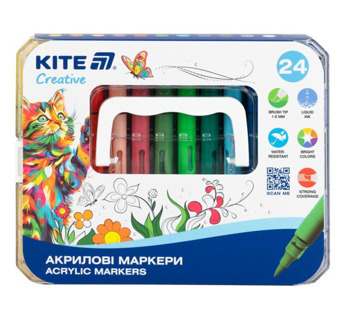 Маркери акрилові Kite Creative з рідкими чорнилами 24 кольорів для всіх поверхонь